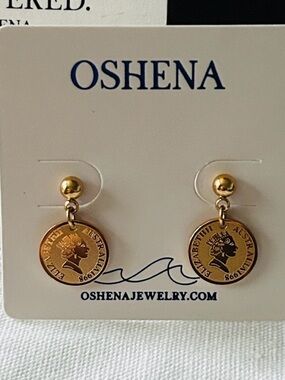 Oshena Designer beachwear Queen Elizabeth coin Gold-Tone Earrings
